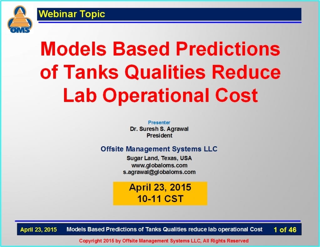 OMS-W04 Models based predictions of tank qualities reduce lab operational cost